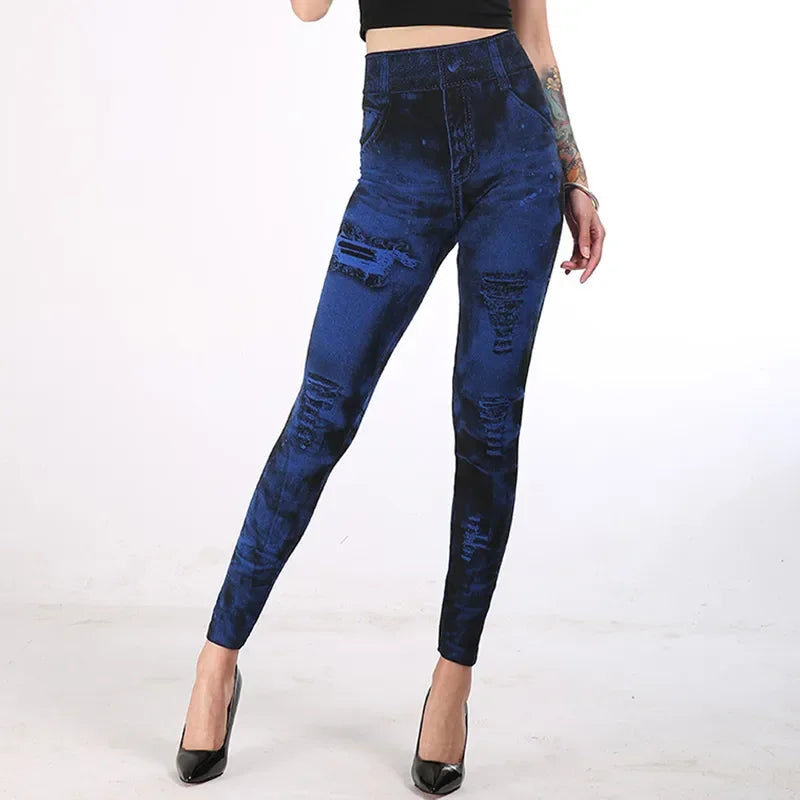 Women Imitation Jeans Stretch Leggings