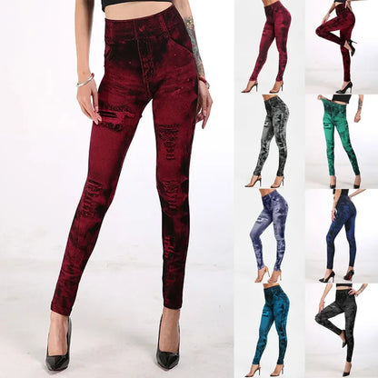 Women Imitation Jeans Stretch Leggings