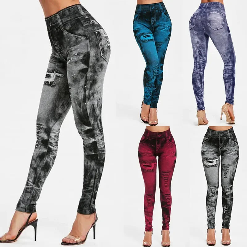 Women Imitation Jeans Stretch Leggings