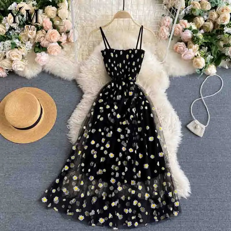 Fashion Daisy Flower Print Mesh Party Dress