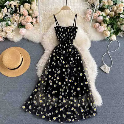 Fashion Daisy Flower Print Mesh Party Dress