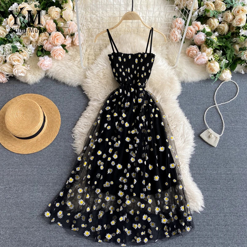 Fashion Daisy Flower Print Mesh Party Dress