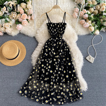 Fashion Daisy Flower Print Mesh Party Dress