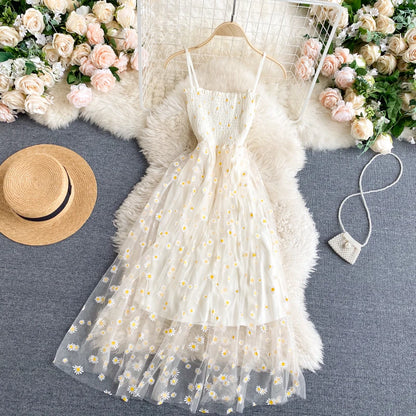 Fashion Daisy Flower Print Mesh Party Dress