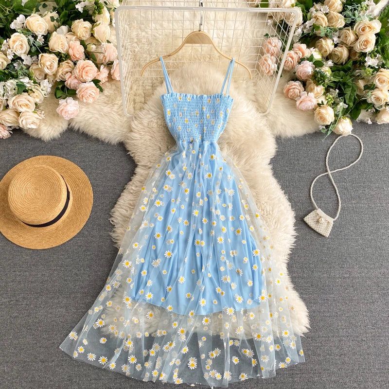 Fashion Daisy Flower Print Mesh Party Dress