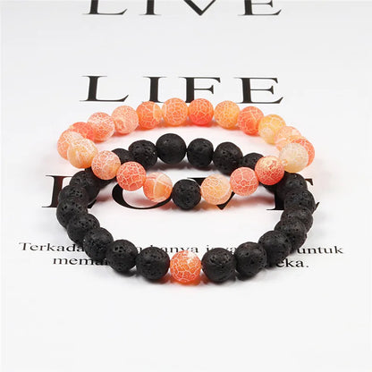 Set Bracelet Couples Distance Black White Natural Lava Stone