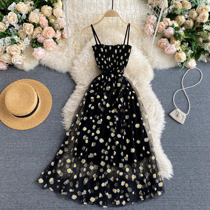 Fashion Daisy Flower Print Mesh Party Dress