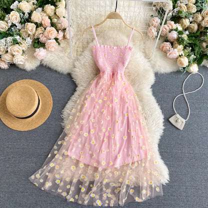 Fashion Daisy Flower Print Mesh Party Dress