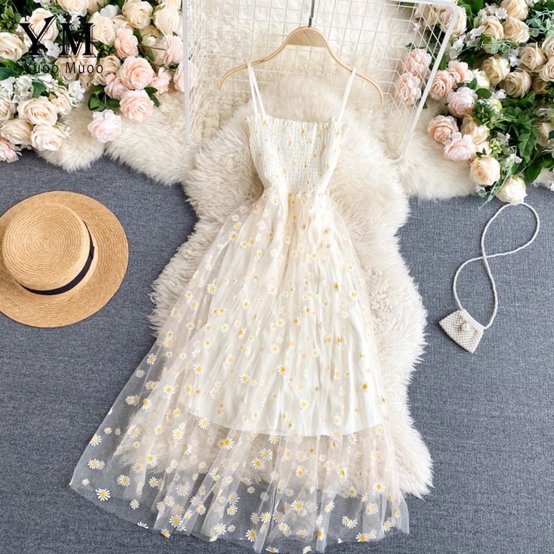 Fashion Daisy Flower Print Mesh Party Dress