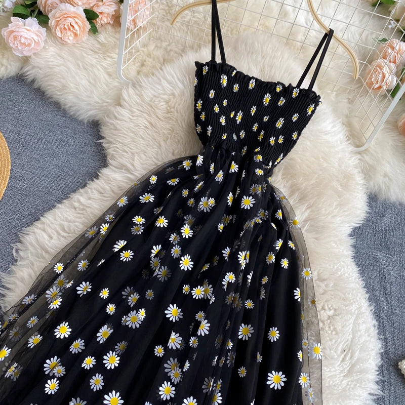 Fashion Daisy Flower Print Mesh Party Dress