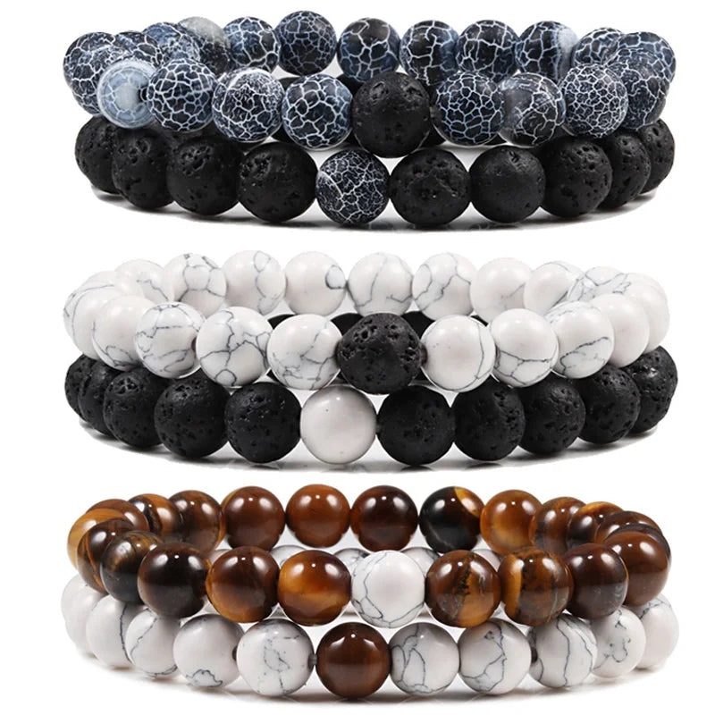 Set Bracelet Couples Distance Black White Natural Lava Stone