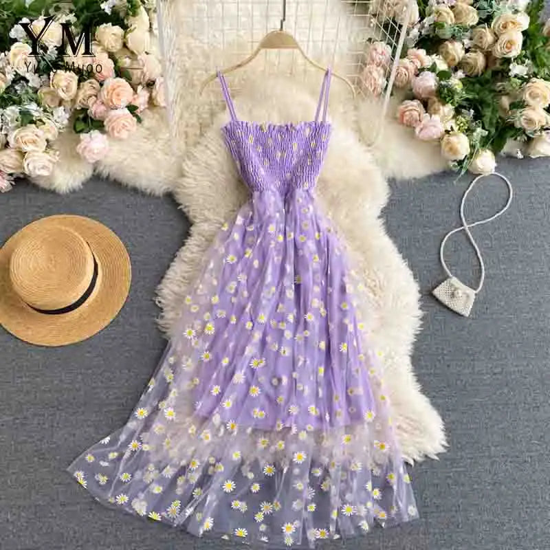 Fashion Daisy Flower Print Mesh Party Dress