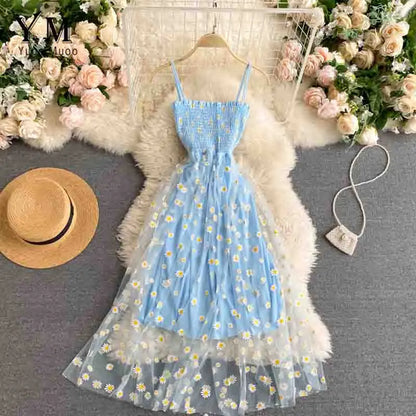 Fashion Daisy Flower Print Mesh Party Dress