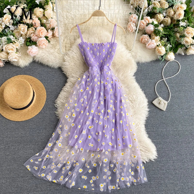 Fashion Daisy Flower Print Mesh Party Dress