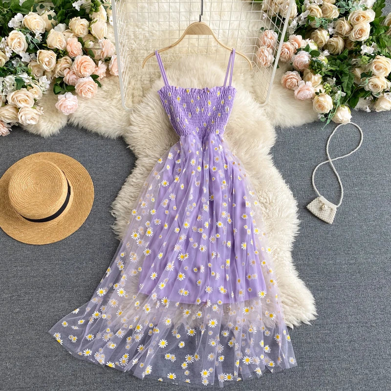 Fashion Daisy Flower Print Mesh Party Dress