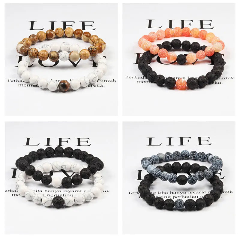 Set Bracelet Couples Distance Black White Natural Lava Stone