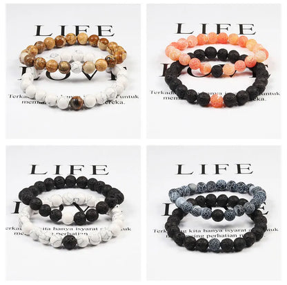 Set Bracelet Couples Distance Black White Natural Lava Stone