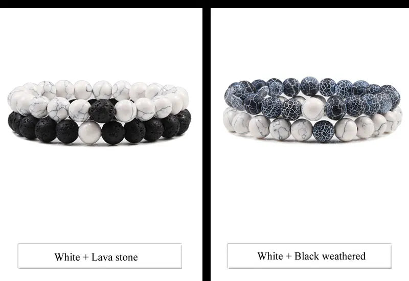 Set Bracelet Couples Distance Black White Natural Lava Stone