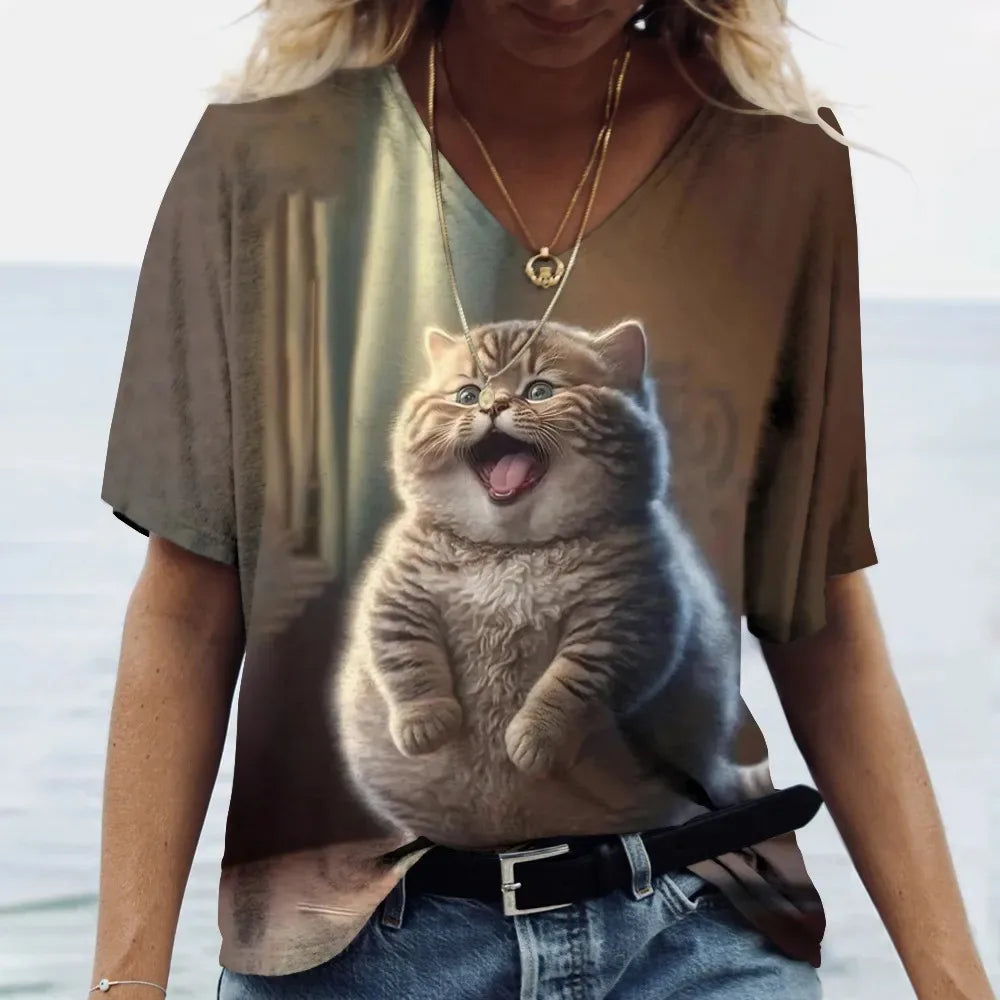 Women's T-shirt Cat Printed Short Sleeve