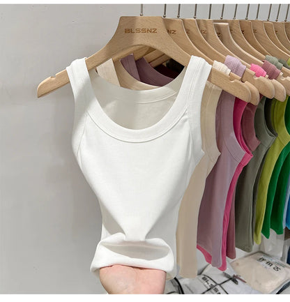 Women Solid Round Neck Ribbed Tank Top