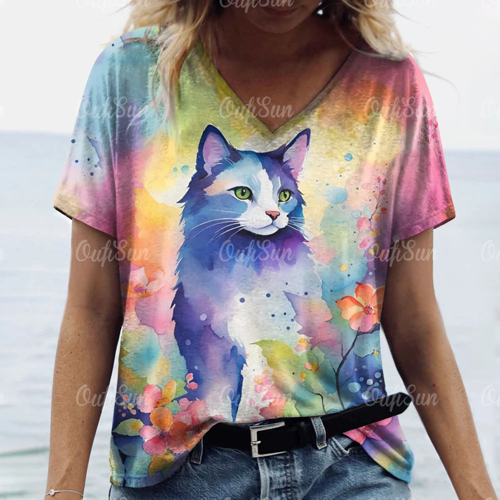 T Shirt Cat Print Casual Short Sleeve