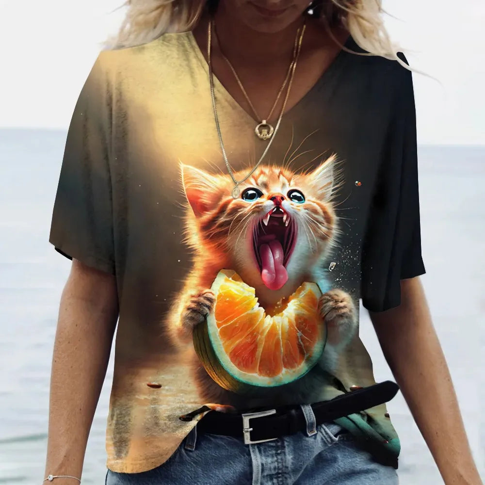 Women's T-shirt Cat Printed Short Sleeve