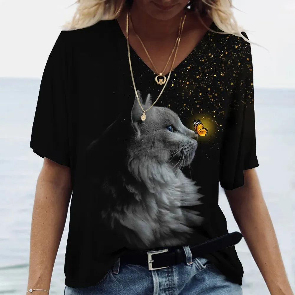 Women's T-shirt Cat Printed Short Sleeve