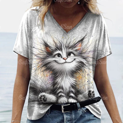 T Shirt Cat Print Casual Short Sleeve