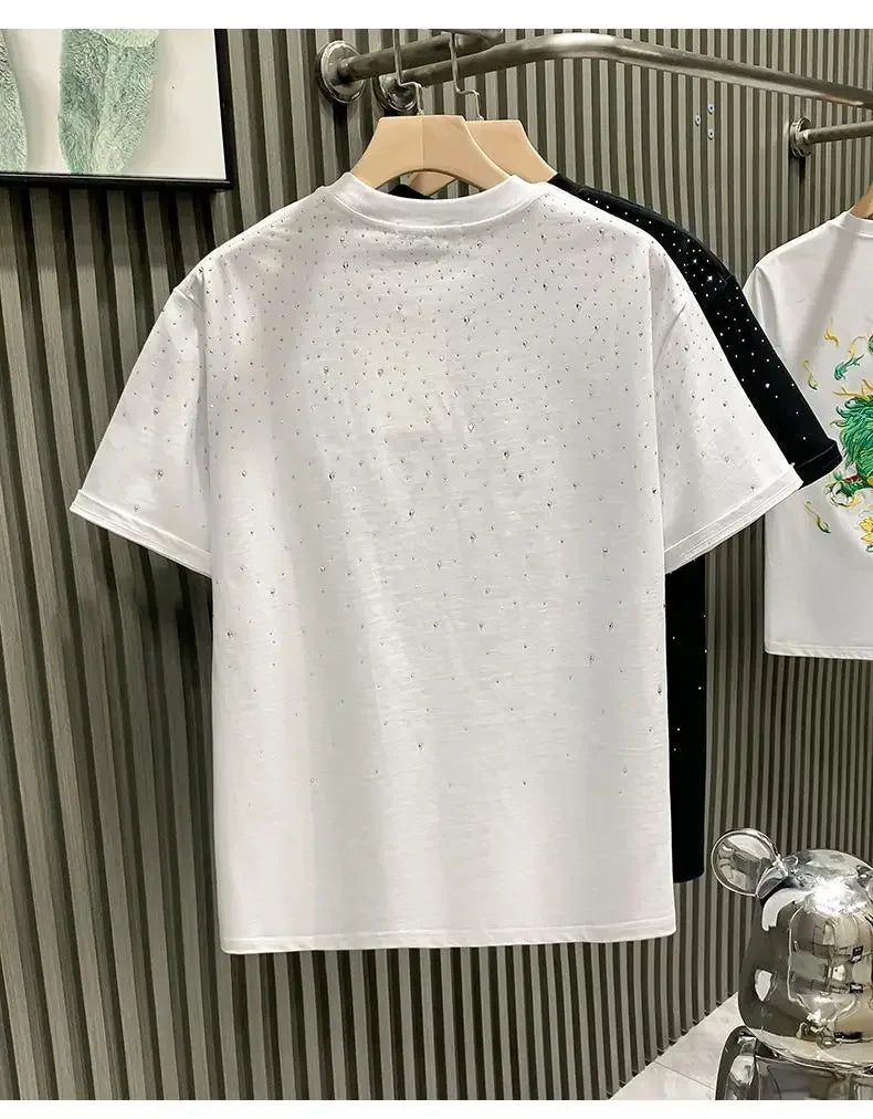 Summer Rhinestone Rivet T-shirt Round Neck