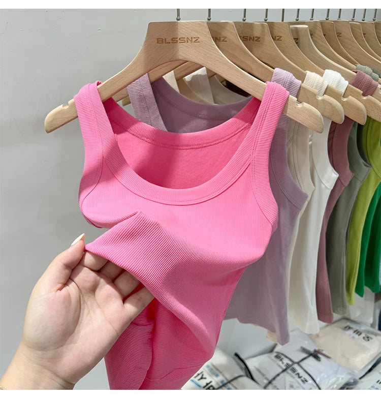 Women Solid Round Neck Ribbed Tank Top