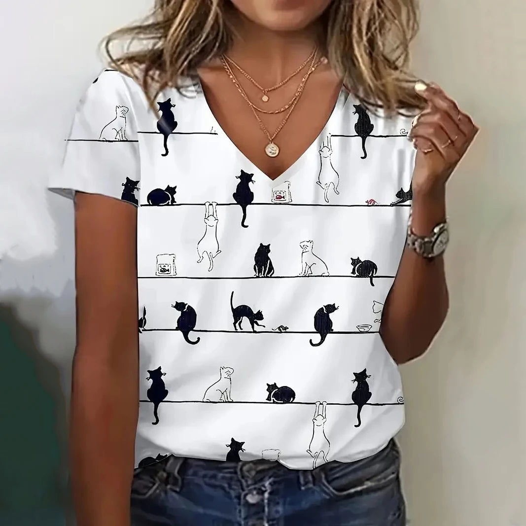 T Shirt Cat Print Casual Short Sleeve