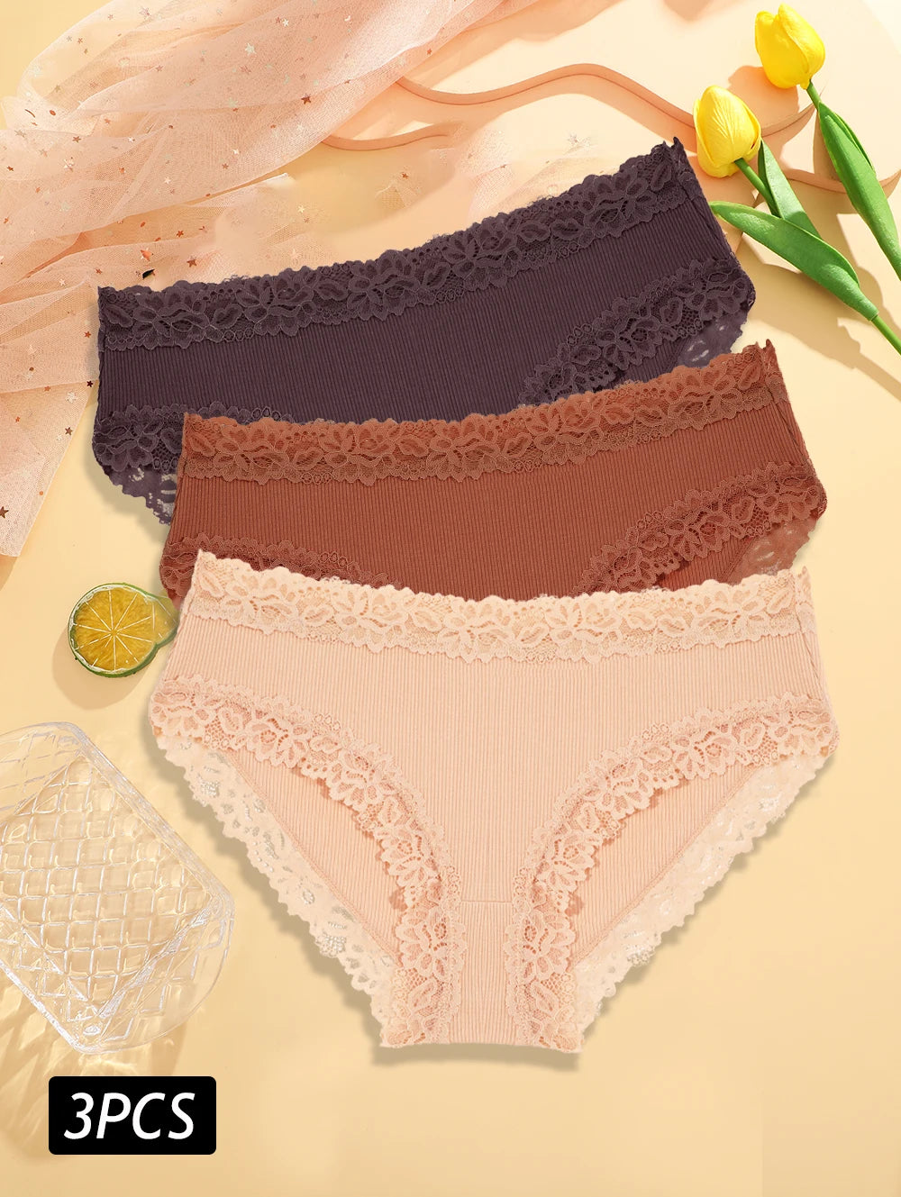 3PCS/Set Sexy Lace Cotton Panties