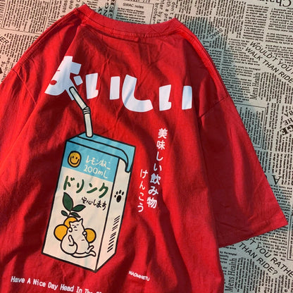 Cute Japanese Cat Print Oversized T-shirt