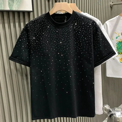 Summer Rhinestone Rivet T-shirt Round Neck