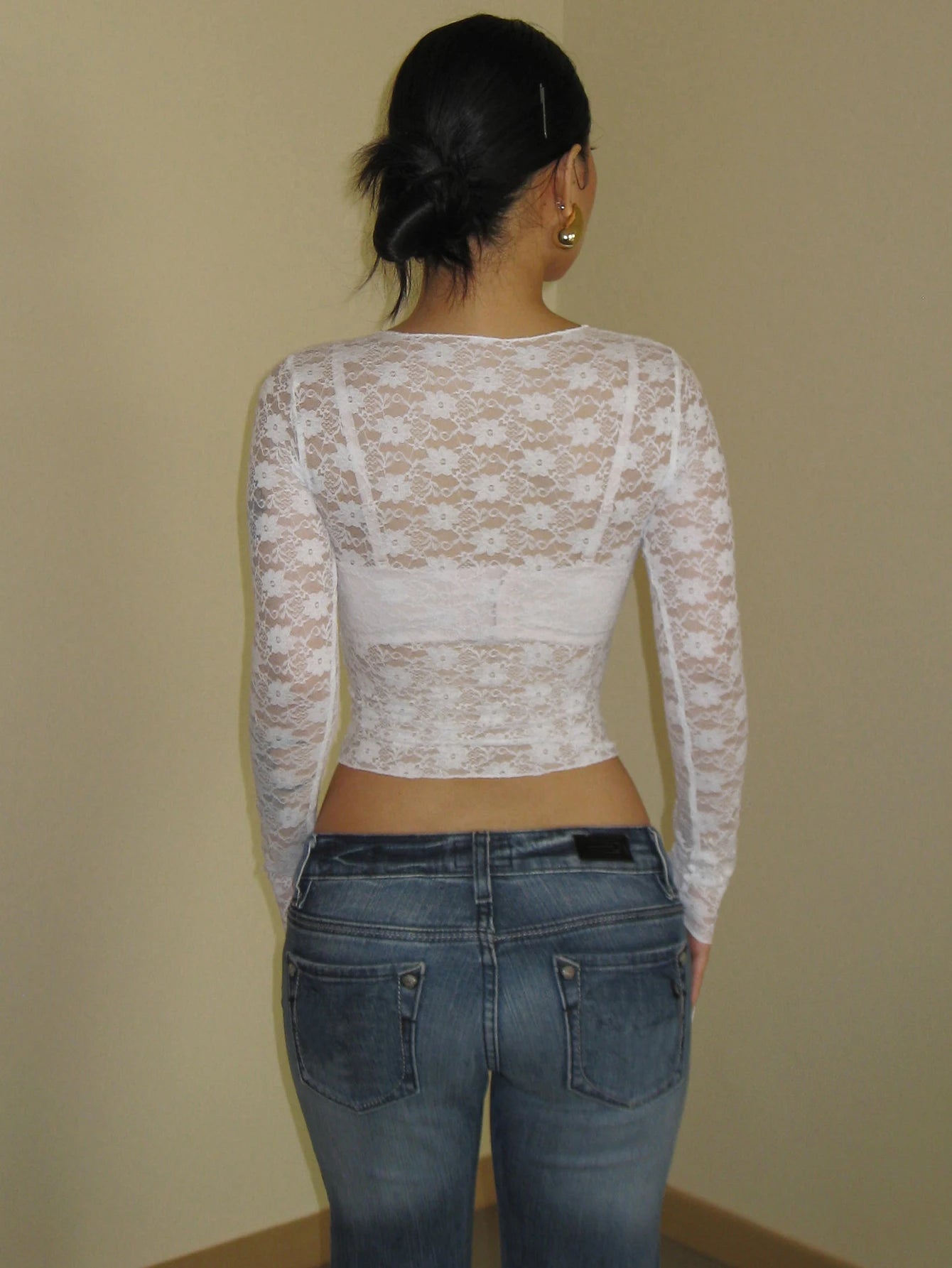 Long Sleeves See Through Lace Crop Top