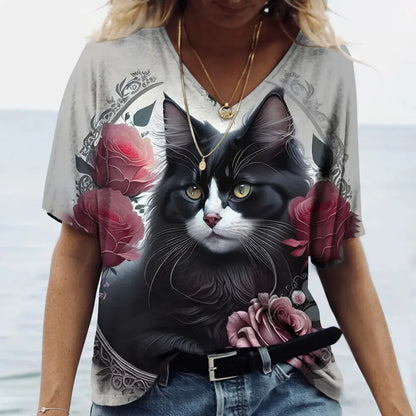 Women's T-shirt Cat Printed Short Sleeve