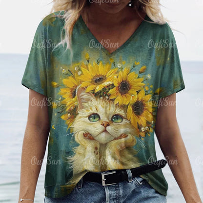 T Shirt Cat Print Casual Short Sleeve