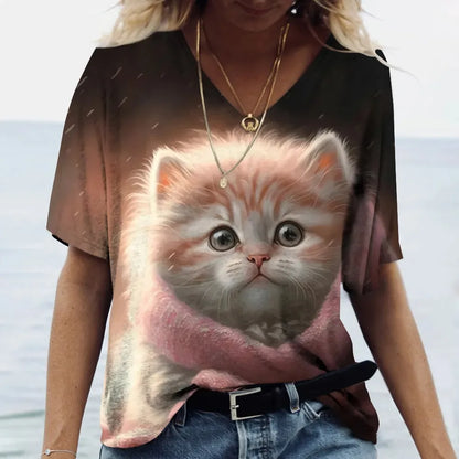 Women's T-shirt Cat Printed Short Sleeve