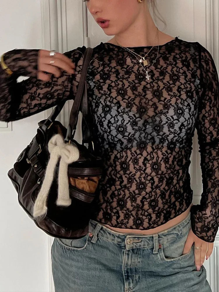 Long Sleeves See Through Lace Crop Top