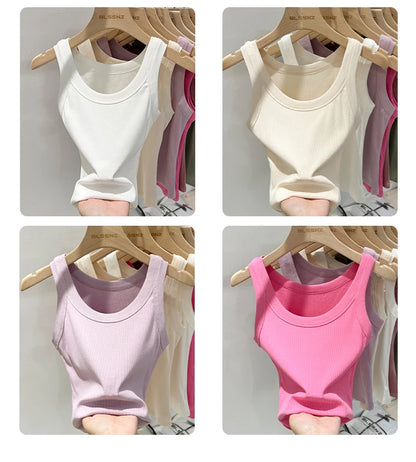 Women Solid Round Neck Ribbed Tank Top