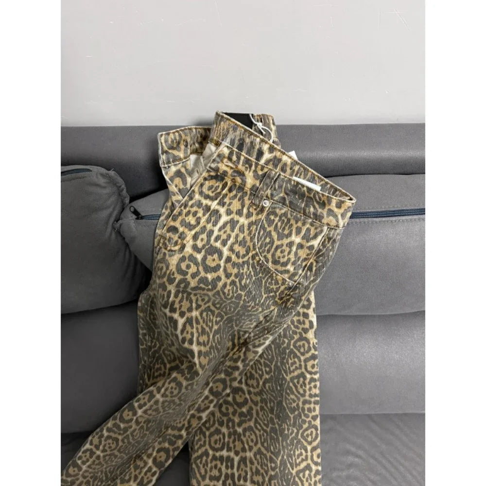 American Retro Leopard High Waist Baggy Jeans