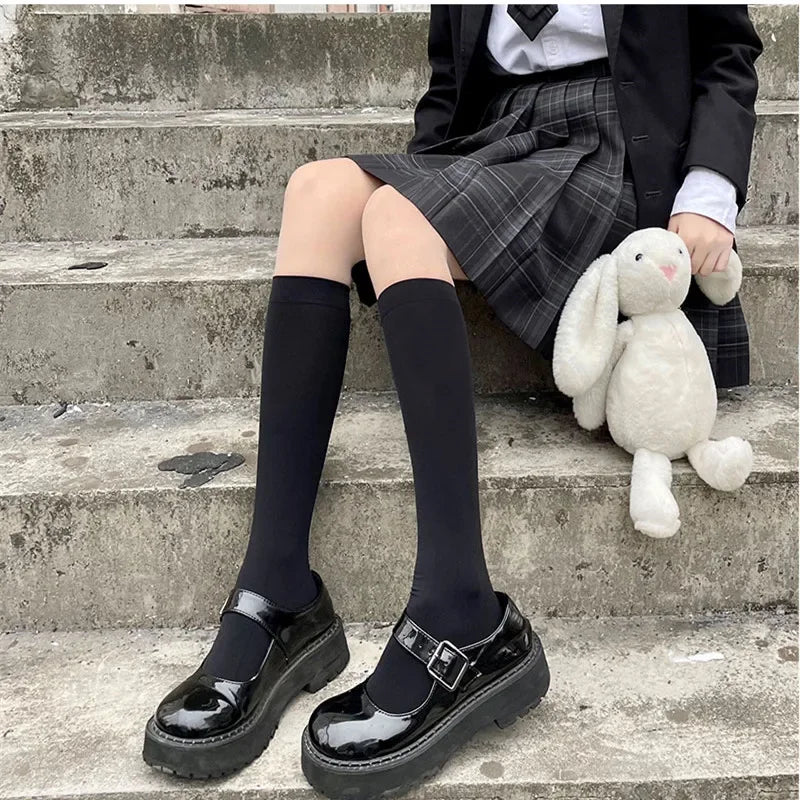 Solid Color Black White Long Socks