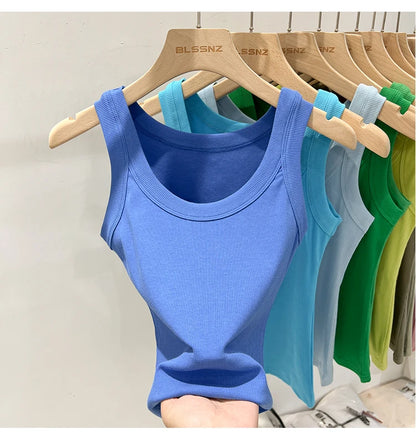 Women Solid Round Neck Ribbed Tank Top