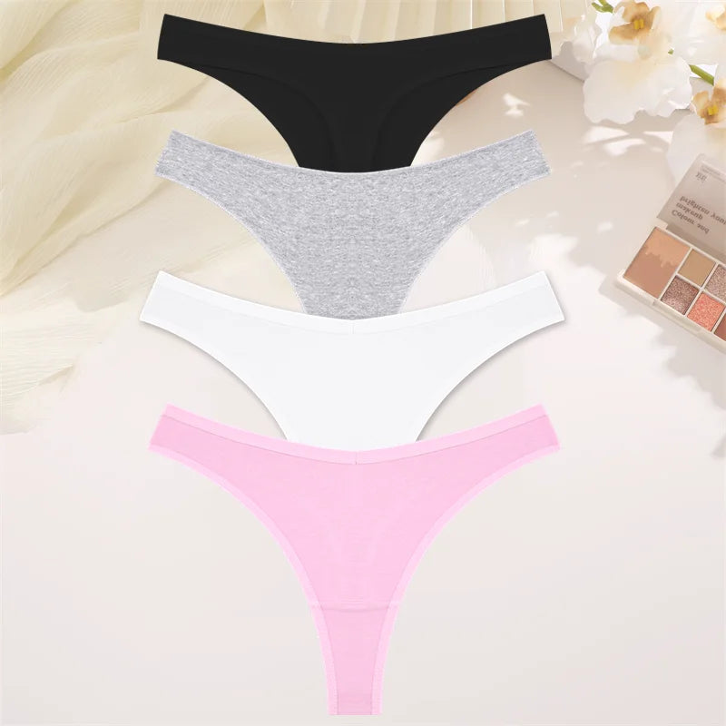 4PCS Women Cotton Thongs Female Sexy Low Waist Panties