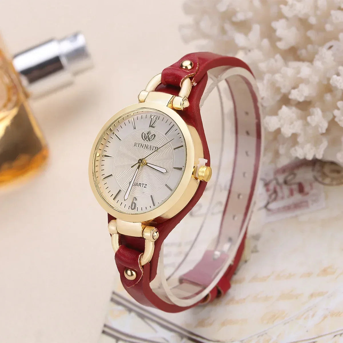 Quartz Watch Women PU Leather Thin Strap Wristwatch