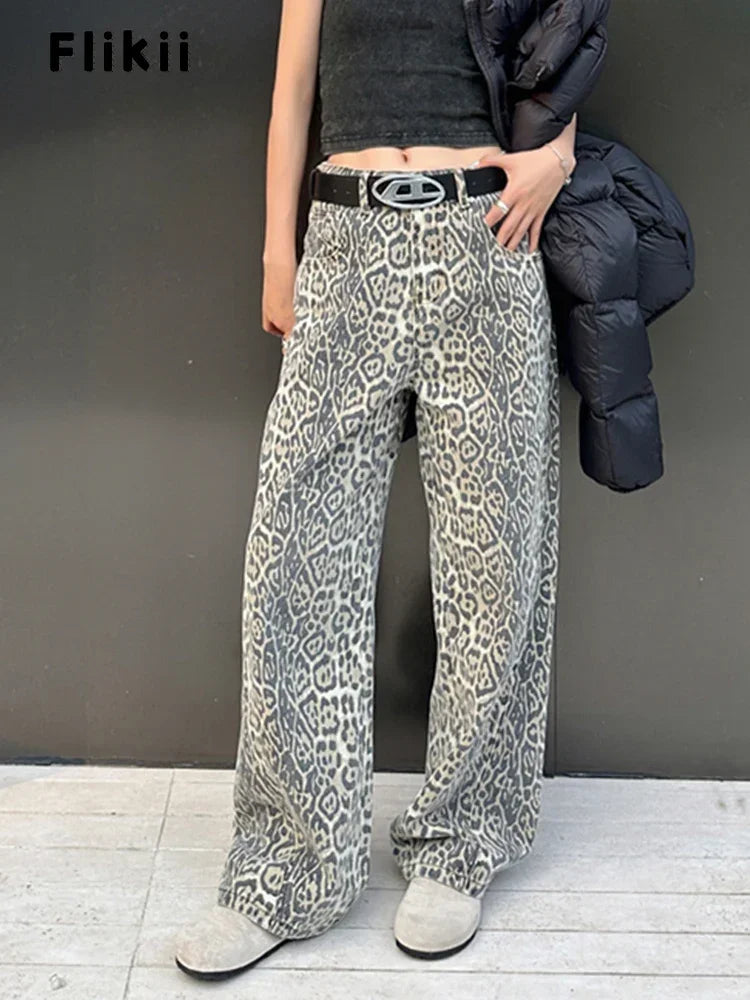 American Retro Leopard High Waist Baggy Jeans