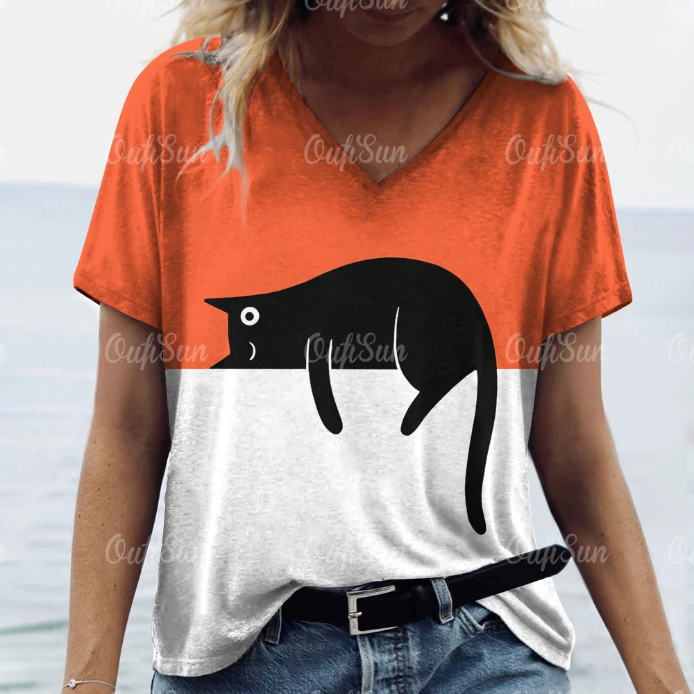 T Shirt Cat Print Casual Short Sleeve