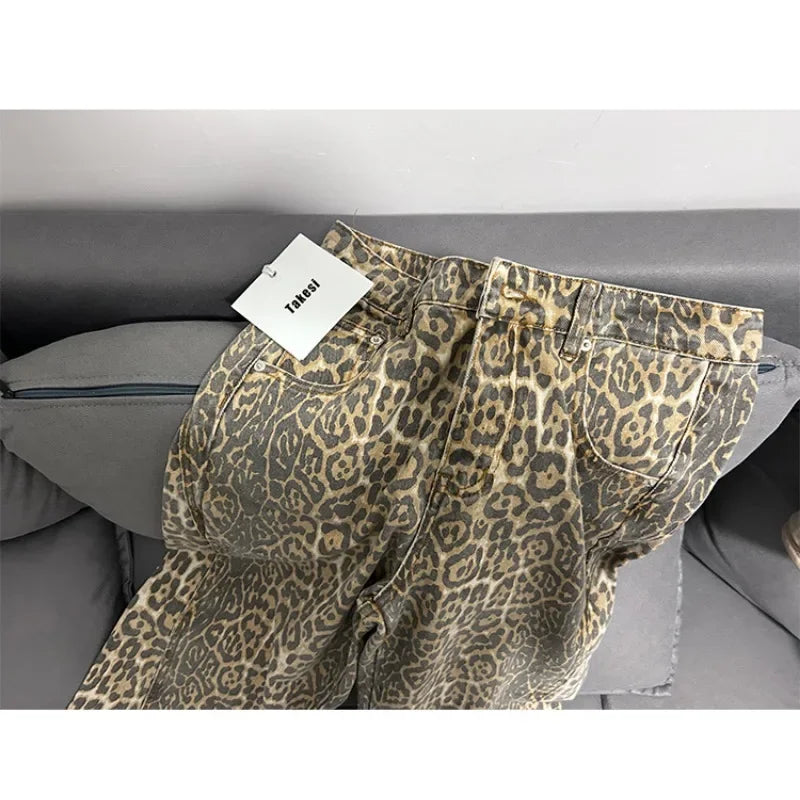 American Retro Leopard High Waist Baggy Jeans