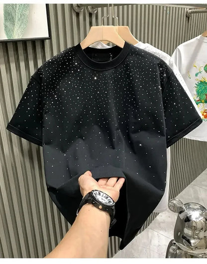 Summer Rhinestone Rivet T-shirt Round Neck