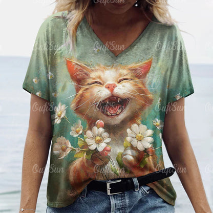 T Shirt Cat Print Casual Short Sleeve